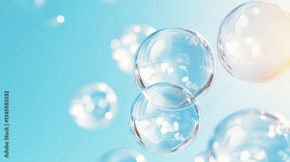 Floating Bubbles In A Serene Blue Sky With Sunlight.