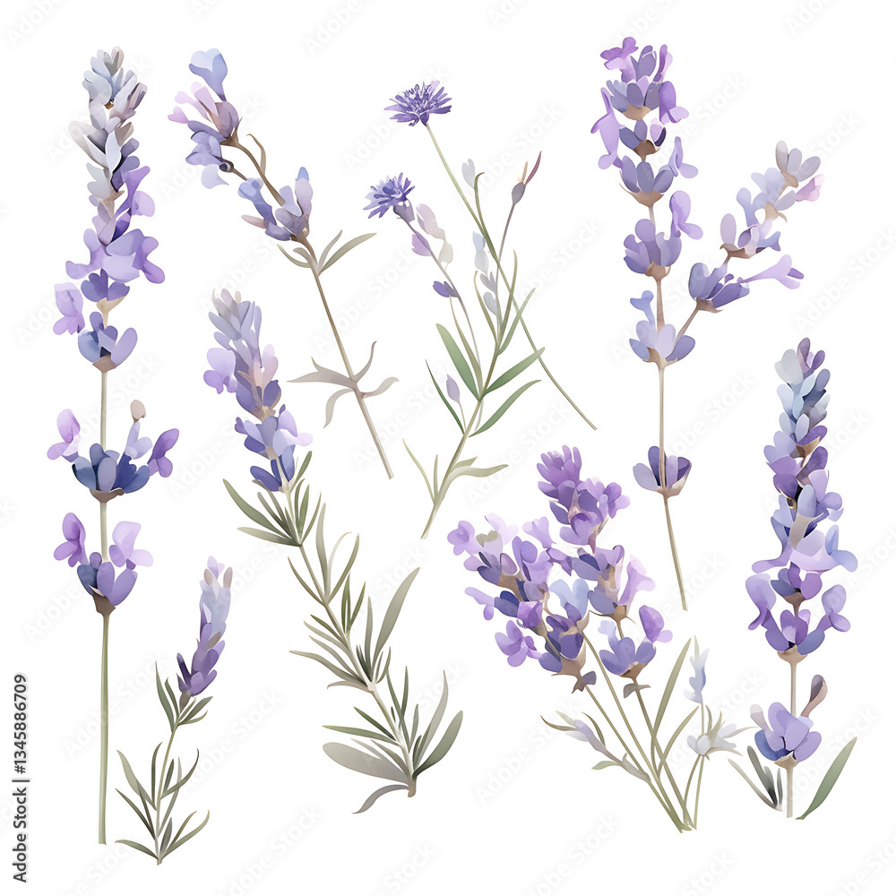 Naklejka premium .Illustration of trees, leaves, grass and various botanical elements on a white background.