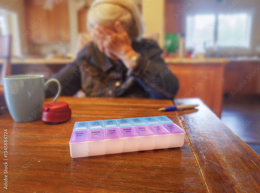Medicine pill box on the dinner table. Out-of-focus elderly woman with hand over face sitting by the table.