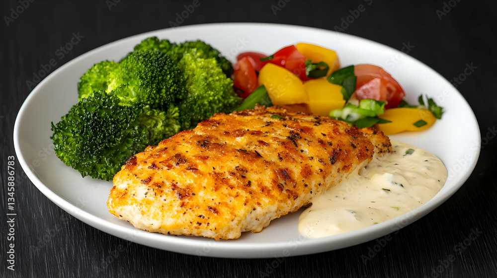 Grilled Chicken Breast With Steamed Broccoli Mango Tomato Salad And Creamy Sauce Served On White Plate Grilled Chicken Breast With Steamed Broccoli Mango Tomato Salad And Creamy Sauce Served On White Plate