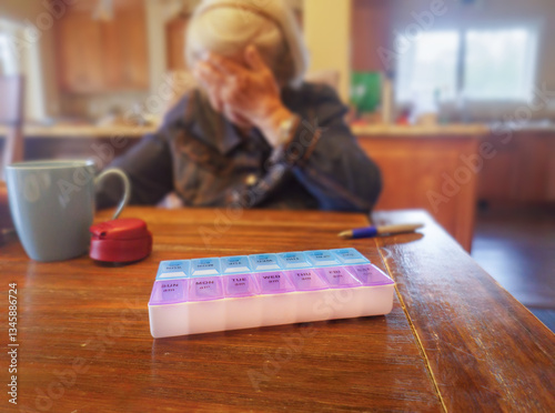 Obraz na płótnie Medicine pill box on the dinner table. Out-of-focus elderly woman with hand over face sitting by the table. w salonie