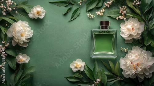 Green perfume bottle surrounded by white peonies and green leaves on a dark green background.