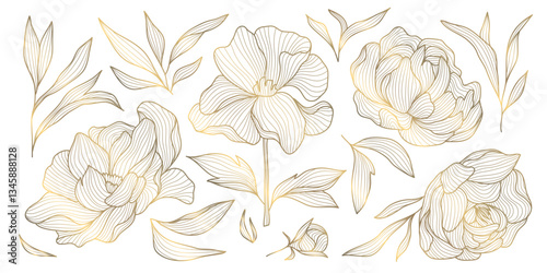 Vector set of gold line japanese, chinese flowers illustrations. Peonies vintage elegant art, wedding ornament, asian botanical graphic