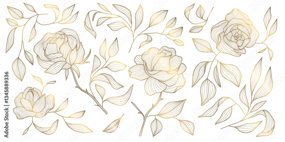 Vector set of gold line japanese, chinese flowers illustrations. Roses vintage elegant art, wedding ornament, asian botanical graphic Vector set of gold line japanese, chinese flowers illustrations. Roses vintage elegant art, wedding ornament, asian botanical graphic