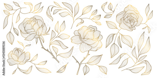 Vector set of gold line japanese, chinese flowers illustrations. Roses vintage elegant art, wedding ornament, asian botanical graphic