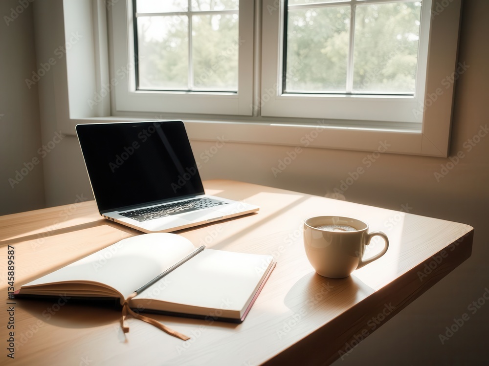 Fototapeta premium Sunny Workspace Setup with Laptop and Coffee