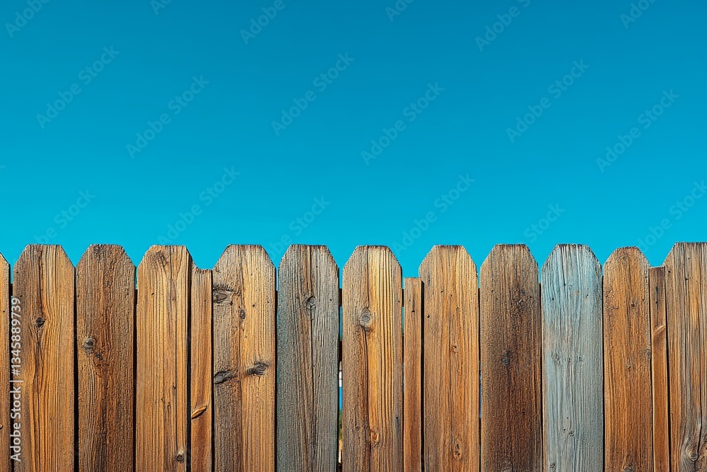Fototapeta premium wooden fence against blue sky, copy space, mock up, banner, wooden background