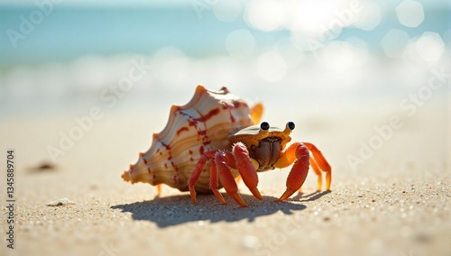 A curious hermit crab exploring the sandy beach with its shell home.