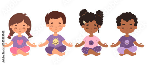 Yoga for children set. Cute calm peaceful diverse girls and boys sitting in asana and meditating in lotus pose. Isolated kids characters on white background. Vector illustration