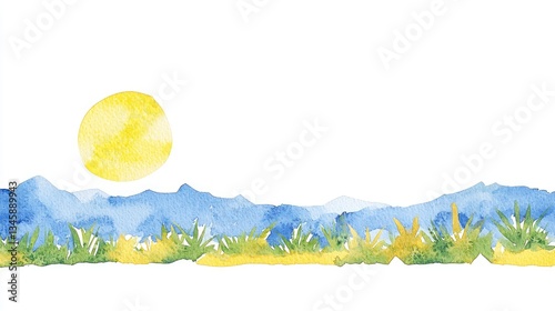 Sunny mountain landscape, grass foreground, summer scene, nature background, website header