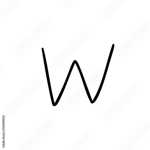 Slim letter w of latin english language. Black font symbol in hand drawn doodle style. Vector illustration isolated on white background. For presentation, logo, branding, font, education.