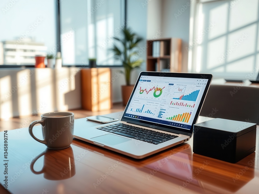 Fototapeta premium Laptop with Financial Graphs on Wooden Desk in Office