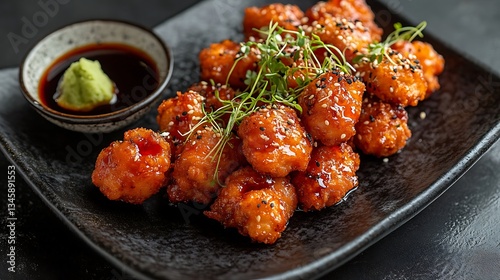 An overhead view of a stylish modern sushi bar presentation, featuring crispy Japanese fried chicken bites arranged neatly on a sleek black plate, with a small bowl of wasabi soy sauce,