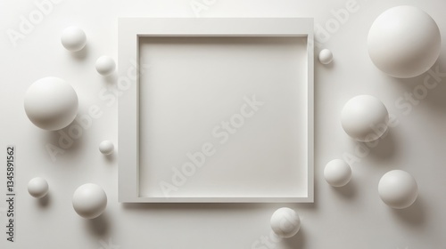 White frame with spheres, blank space for display, product presentation, minimal design