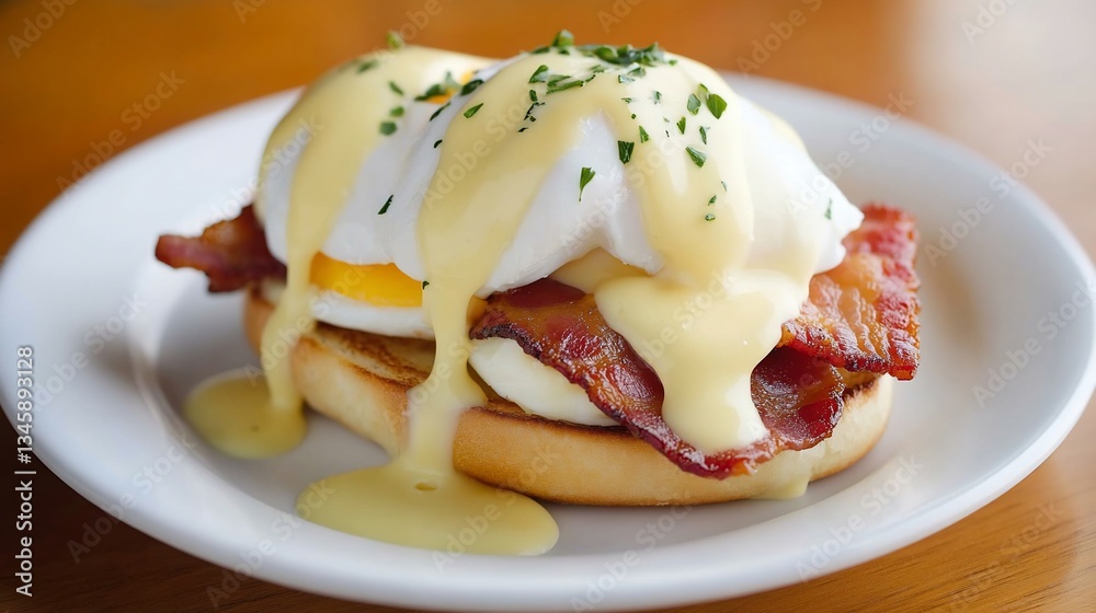 Savory eggs benedict with crispy bacon on toasted English muffins, drizzled with creamy hollandaise sauce Savory eggs benedict with crispy bacon on toasted English muffins, drizzled with creamy hollandaise sauce