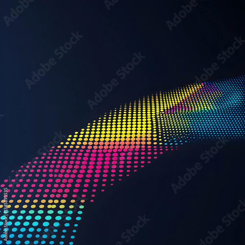 A futuristic and vibrant halftone pattern with neon colors on a dark background. The circular dots create a gradient effect, transitioning between cyan blue, magenta, and bright yellow.
