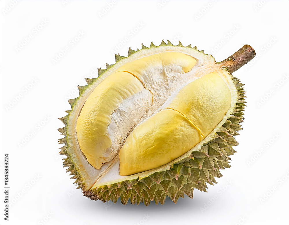 Fototapeta premium Ripe Durian fruit cut in half isolated on white background. Clipping path.