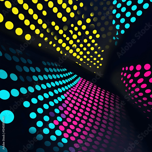 A futuristic and vibrant halftone pattern with neon colors on a dark background. The circular dots create a gradient effect, transitioning between cyan blue, magenta, and bright yellow.
