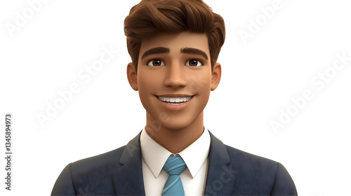 3D Rendering Portrait of a Young Brunette Businessman with Transparent Background Wearing a Suit and Tie Smiling Happily Optimistic in a Modern Business Style