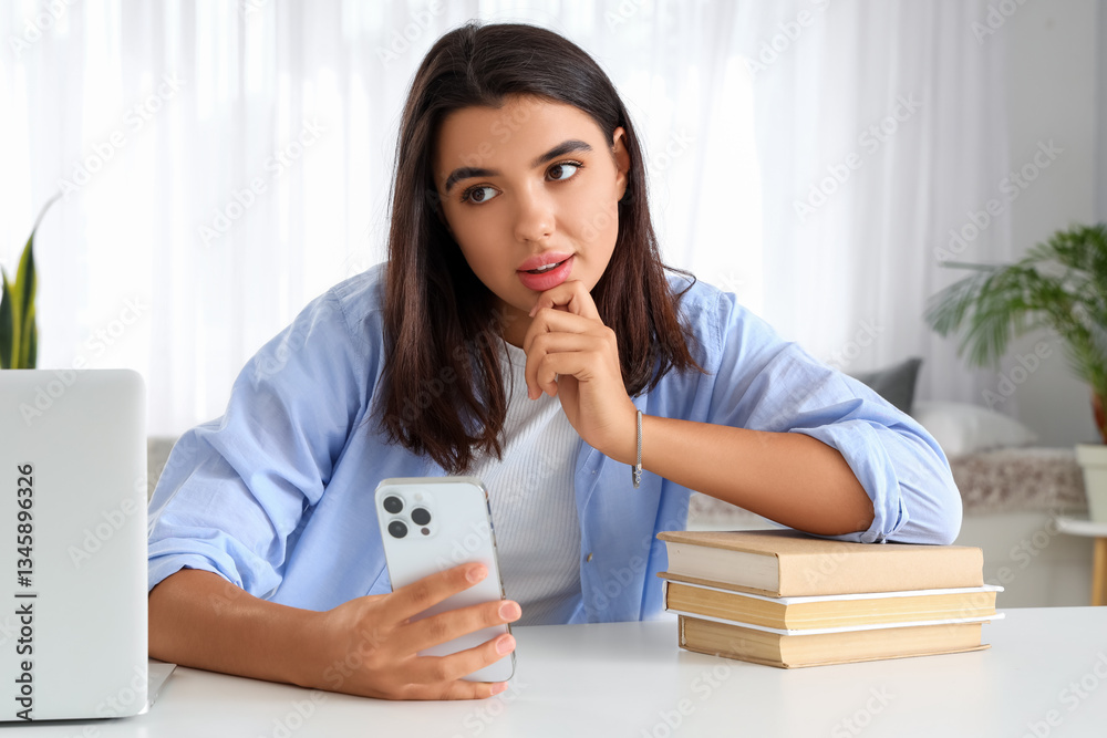 Thoughtful young woman using mobile phone at home Thoughtful young woman using mobile phone at home