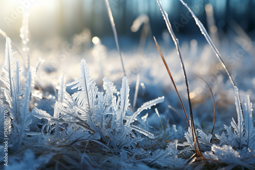 intricate tapestry of frozen crystals and powdery flakes, adorning verdant meadow, epitomizes interplay of tactile intricacy, vibrant hues, and harmonious equilibrium between icy grip of winter and na