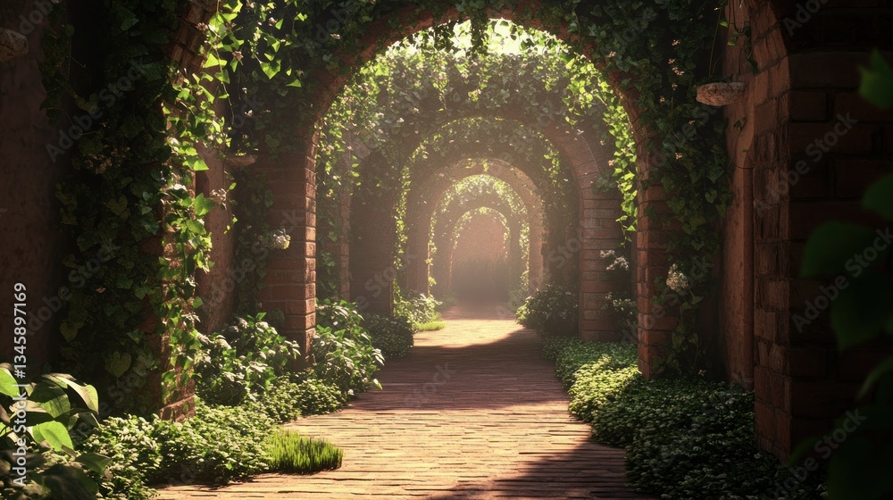 Fototapeta premium A brick pathway leads through a series of arched green gateways