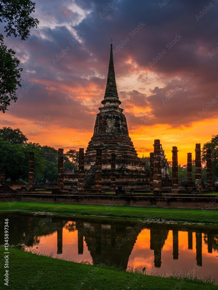 Fototapeta premium A beautiful ancient temple reflects on tranquil water at sunset