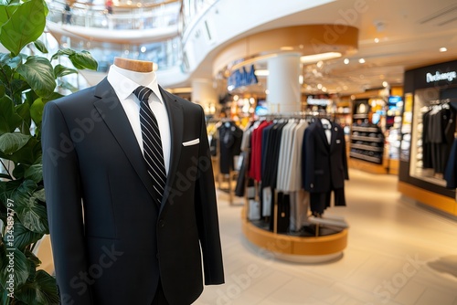 Luxury cruises vacation exclusive getaway. Tailored suit display in a modern clothing store interior. photo