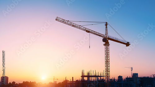 Silhouette Of Construction Crane At Sunset With Blue And Orange Sky In The City