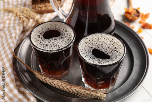 Glasses of tasty kvass on t...