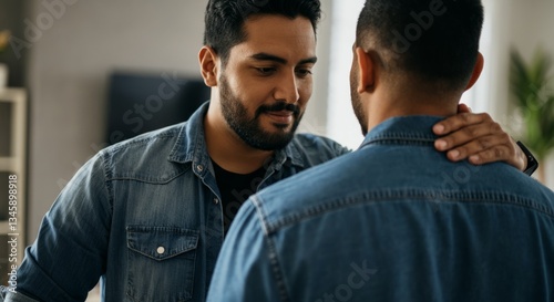Two young hispanic men talking and sharing a moment with friendly expressions in casual denim jackets