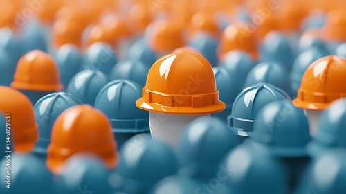 A close-up of construction helmets, with a distinctive orange one standing out among numerous blue ones, symbolizing individuality in a uniform environment.