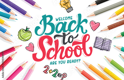 Back to school greeting clipart design. School greeting text clip art with colorful color pencil educational elements and supplies vector illustration.  
