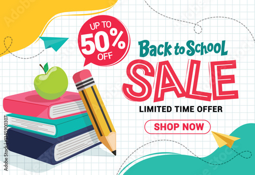 Back to school sale clipart banner design. School limited time offer with 50% off clip art for shopping promotion discount in grid background vector illustration.  
