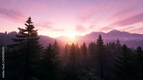 Serene sunset over misty mountain forest