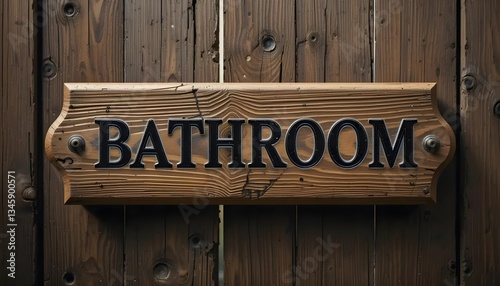 Rustic Wooden Bathroom Sign on Dark Brown Wood Background