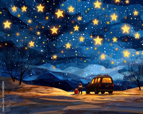 Experience the magic of a Dreamy holiday night with a parked car under a sky full of glowing Christmas stars, a scene brimming with festive cheer Picture a serene winter evening, where the twinkling