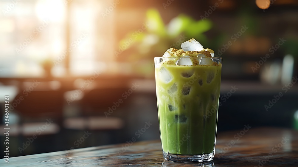 A stunning frozen matcha latte in a frosted glass, vibrant green layers mixing with creamy plant-based milk, topped with ice cubes and matcha powder, A stunning frozen matcha latte in a frosted glass, vibrant green layers mixing with creamy plant-based milk, topped with ice cubes and matcha powder,