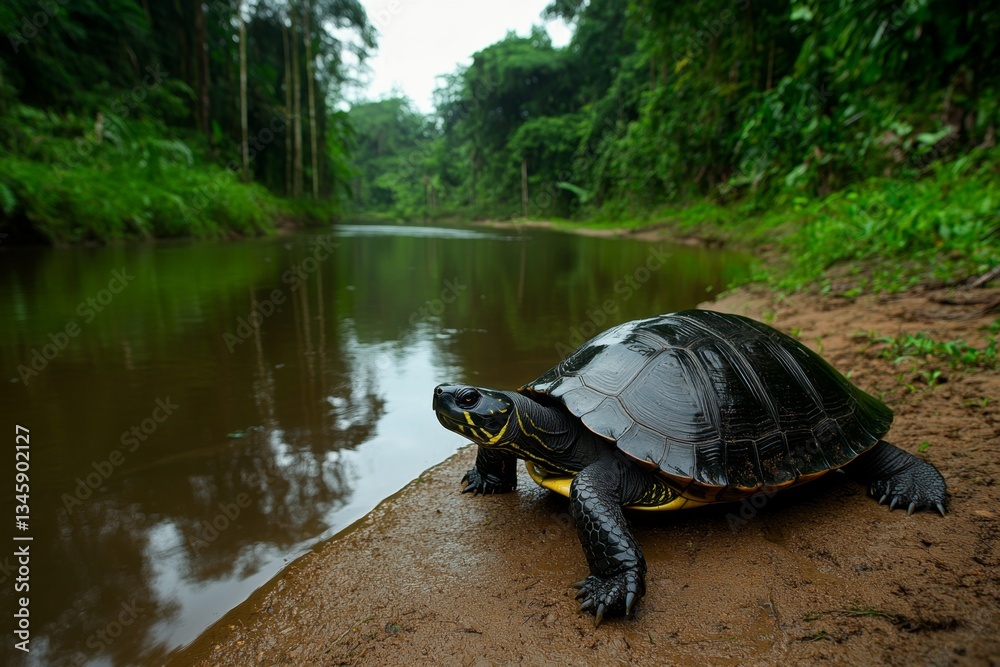 Fototapeta premium A large snapping turtle resting on a muddy riverbank, its prehistoric features looking powerful and ancient