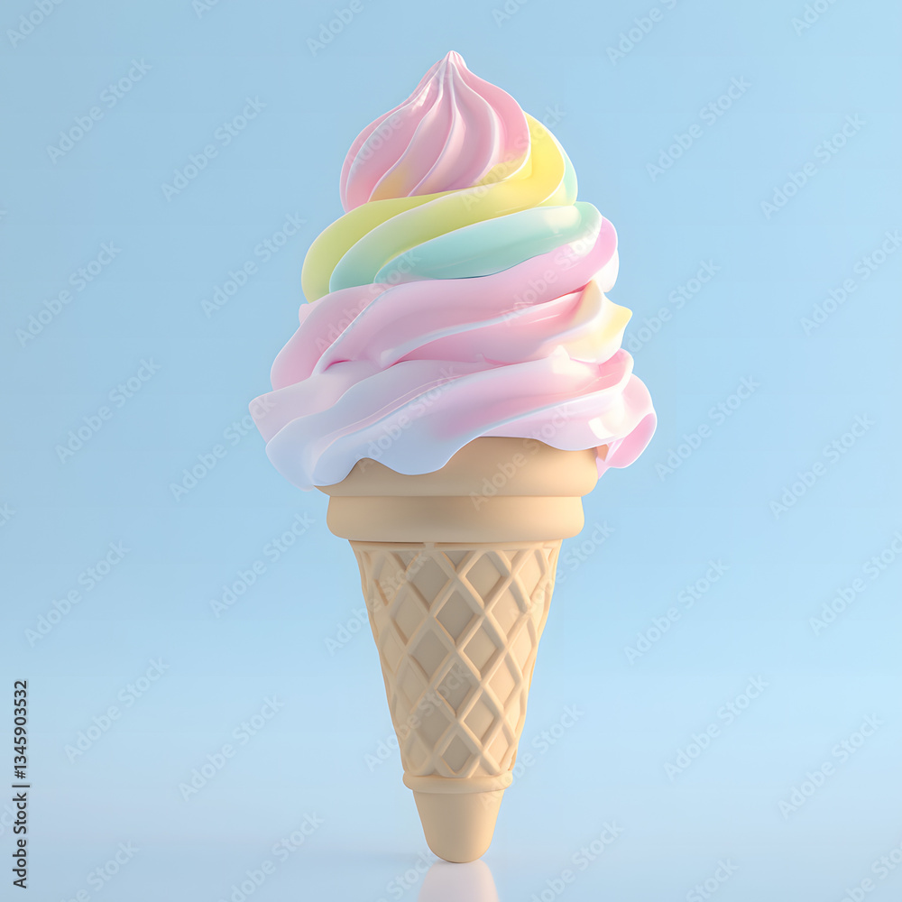 Delicious Pastel Rainbow Soft Serve Ice Cream Cone on a Light Blue Background Delicious Pastel Rainbow Soft Serve Ice Cream Cone on a Light Blue Background