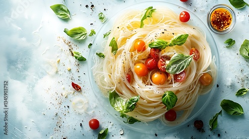 An artistic top-down view of a gourmet cold noodle platter, featuring Italian pasta salad with cherry tomatoes and basil, Japanese somen noodles with dipping sauce,