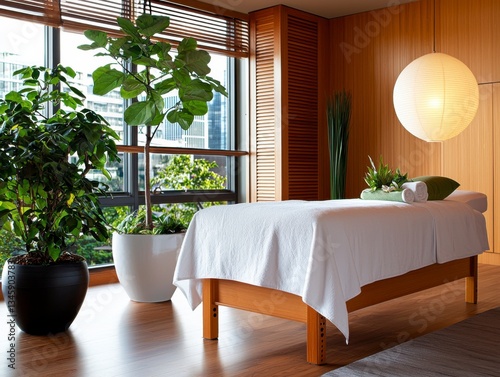 Experience tranquility and relaxation in a Japanese Zen-inspired massage therapy room Discover the calm and peaceful atmosphere, a haven of serenity for stress relief and wellness Let the soothing