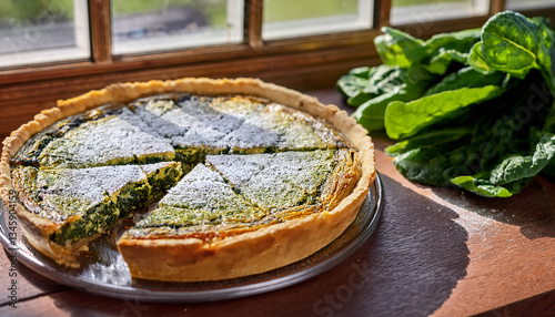 Tourte de Blettes by a Sunny Window – A unique Swiss chard pie from Nice, with a golden crust dusted with powdered sugar, cut open to reveal its sweet-savory filling
