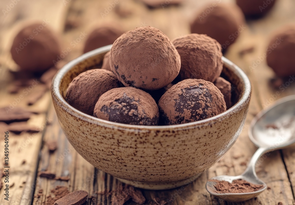 Delicious chocolate truffles in a rustic bowl on a wooden table, perfect for dessert lovers and gourmet treats on a cozy dining experience. Delicious chocolate truffles in a rustic bowl on a wooden table, perfect for dessert lovers and gourmet treats on a cozy dining experience.
