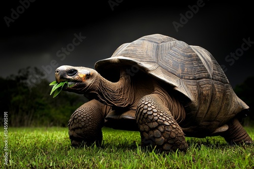 A massive GalÃ¡pagos tortoise slowly munching on fresh green leaves, standing in a vast open field