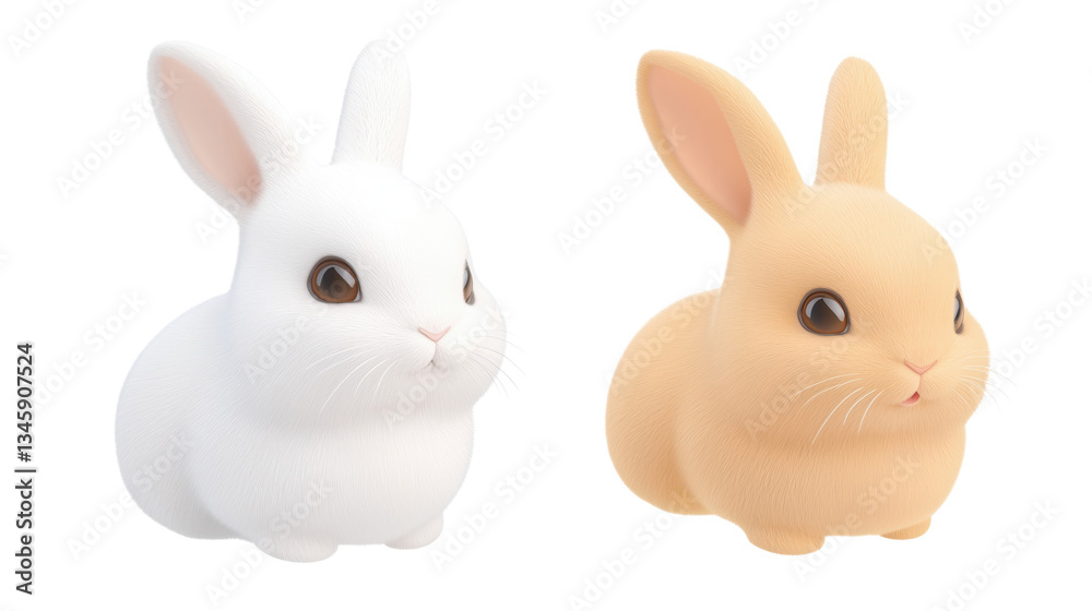 Obraz premium Two adorable rabbits one white and one brown posing in a simple studio setting with a plain white background showcasing their soft furry coats and gentle expressions