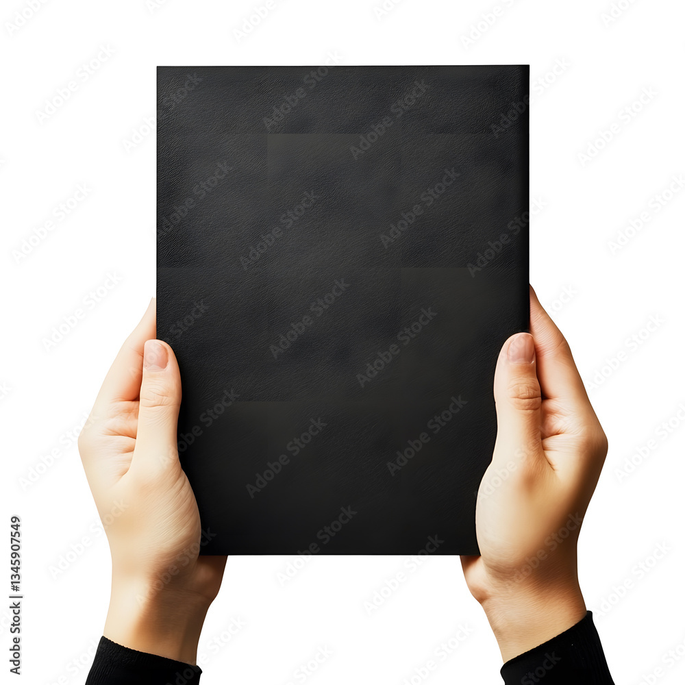 Obraz premium Hands holding empty black certificate mock up isolated