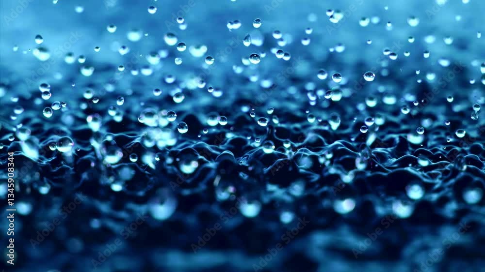 Macro closeup super slow motion 1000fps.Splash drops liquid in blue color.Splashes water drops liquid when surface water is vibration.Wave and drops in blue background.Abstract crystal particle drops