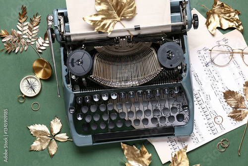 Vintage typewriter, compass...