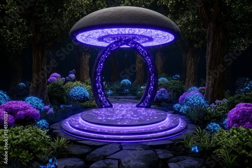 A mystical temple being built in the middle of a glowing enchanted forest, magical creatures assisting in the process